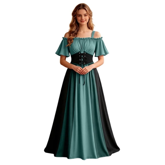Huowey Halloween Renaissance Women Witch Vampire Off Shoulder Gothic Dresses Elegant Cosplay Party Gown Short Sleeve Trendy Photo Dress,Army Green,XXL