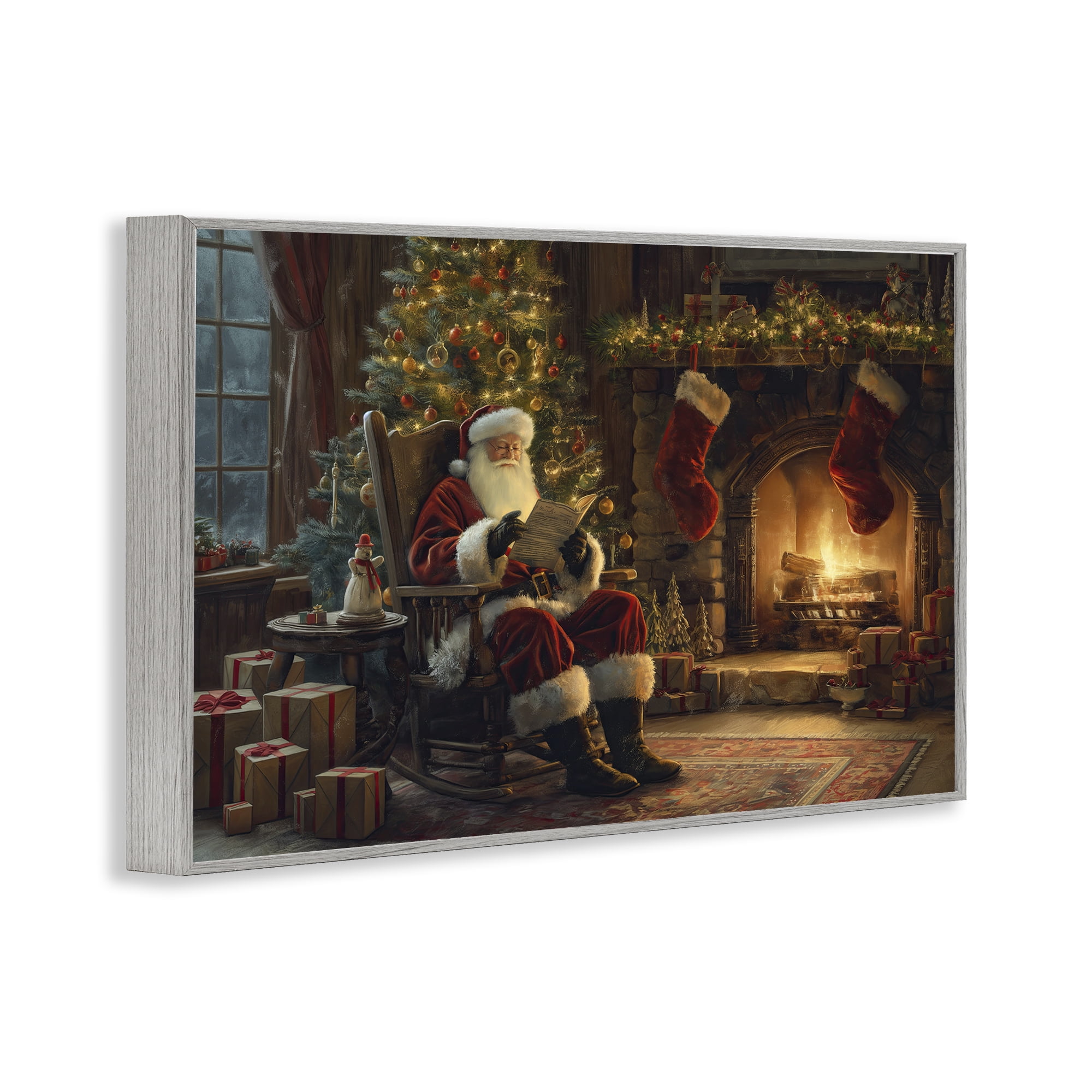 Stupell Industries Santa Claus by Fire Holiday Painting Gray Framed Art Prints Wall Art, 18 x 12