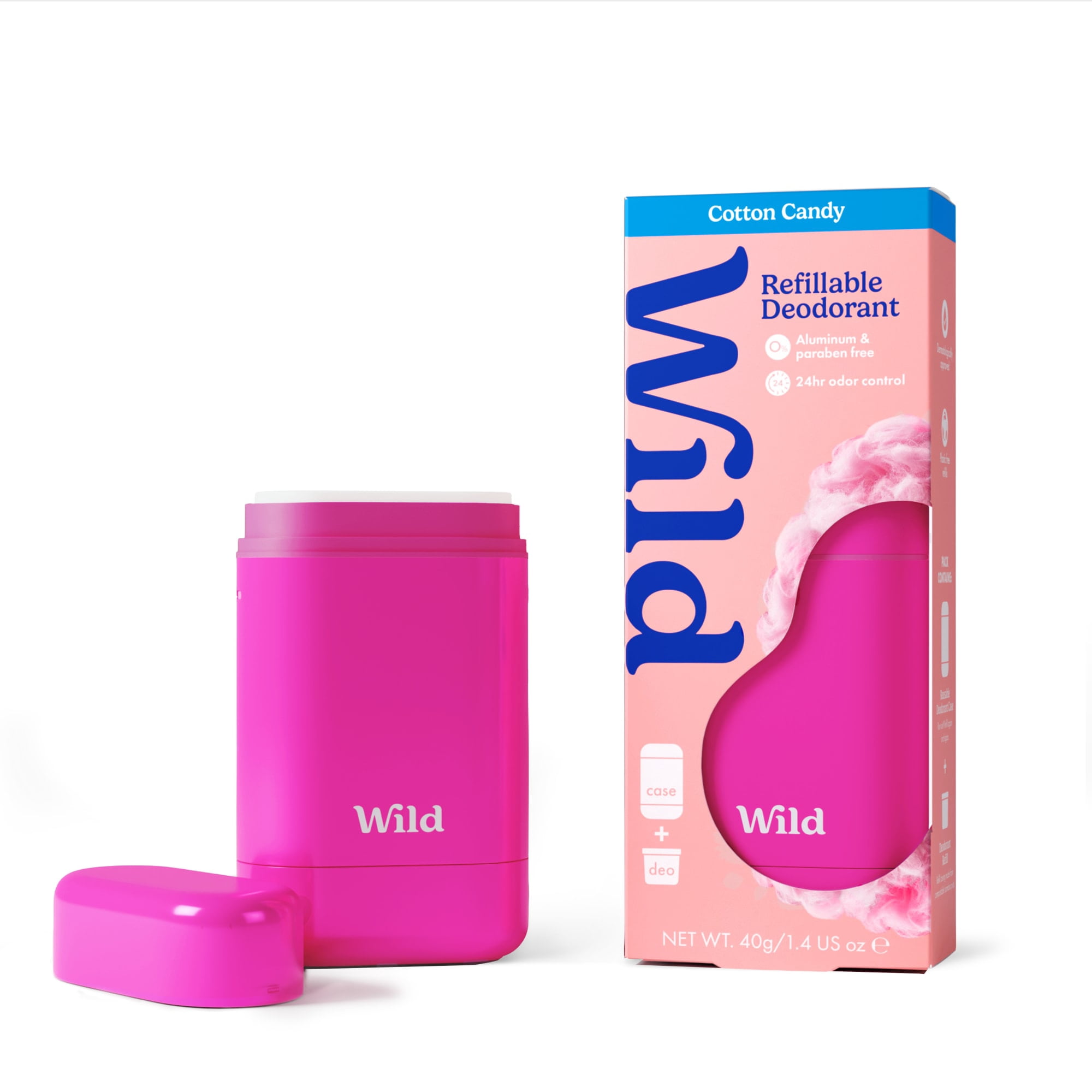 Wild Refillable Deodorant Starter Pack – Aluminum Free. Hot Pink Case + Cotton Candy Refill, for Women and Men, 1.4oz