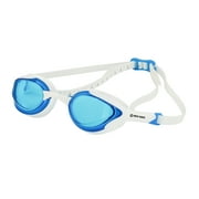 Swim Goggles by New Wave Swim Buoy {Blue Ice = Blue Lens in White Frame} Anti Fog Lenses, Silicone In-Socket Eye Cups, Four Interchangeable Nose Bridges and Adjustable Strap for Triathlon