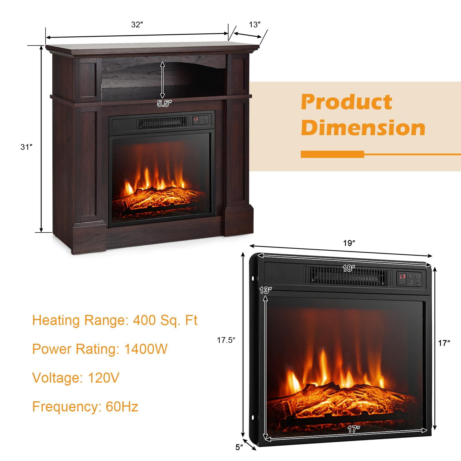32" Electric Fireplace w/Mantel and Remote Control, Freestanding Heater w/3-Level Adjustable Flame Brightness & Overheat Protection, Brown