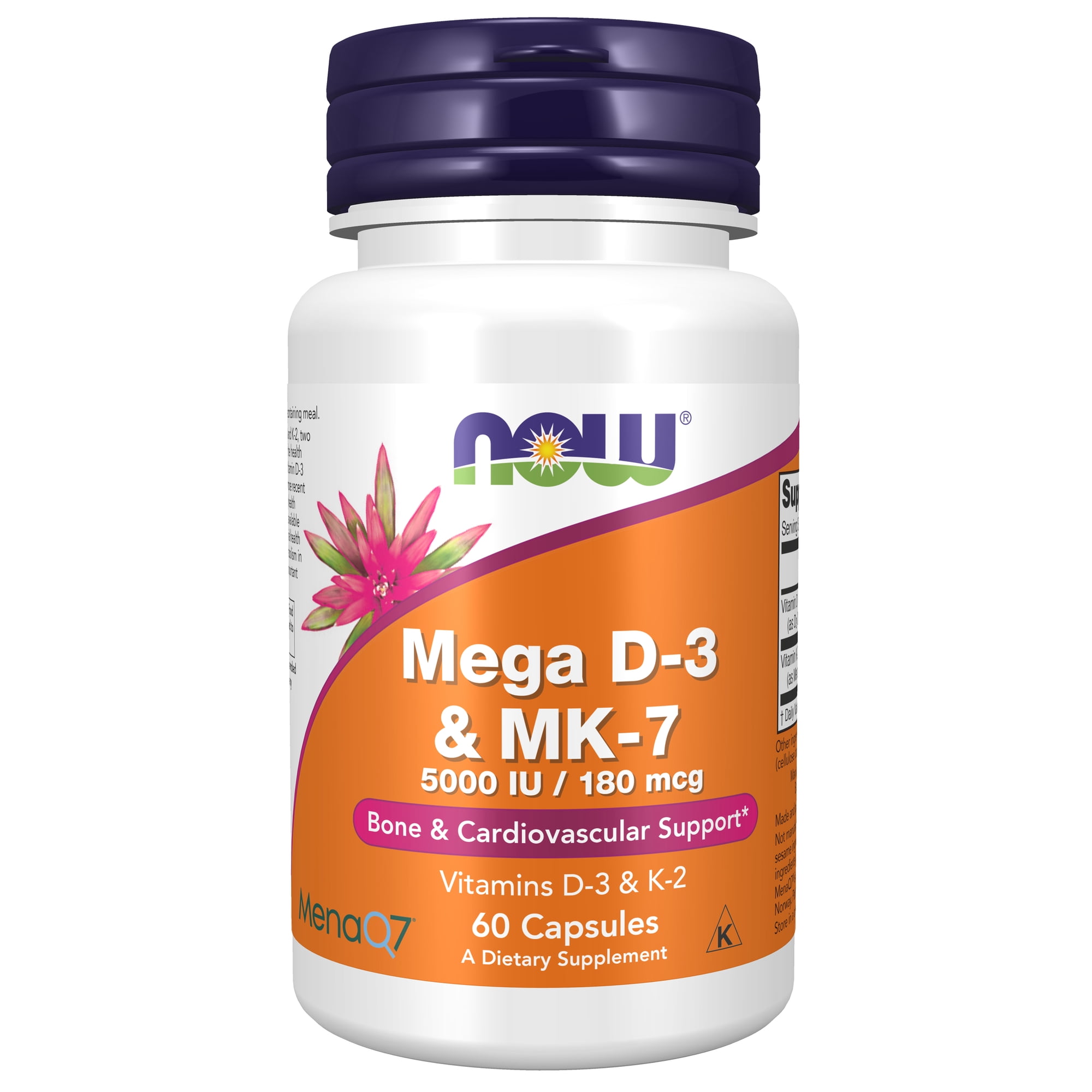 NOW Supplements, Mega D-3 & MK-7 with Vitamins D-3 & K-2, 5,000 IU/180 mcg, Bone & Cardiovascular Support, 60 Veg Capsules