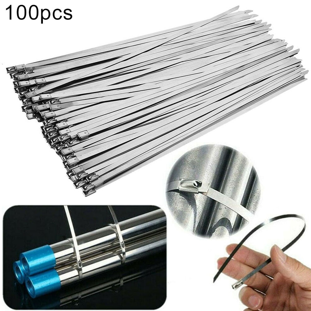 US 100Pc 304 Stainless Steel 12" Exhaust Wrap Coated Metal Locking Cable Zip Tie 