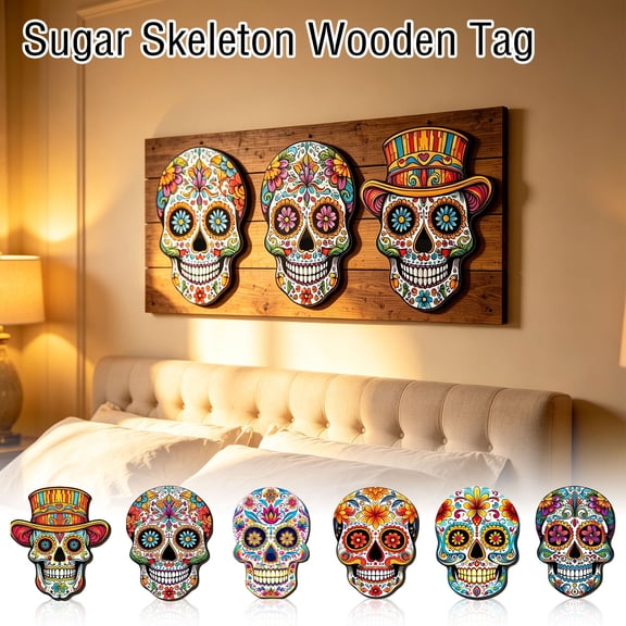 Sugar Skull Decor Wooden Wall Art 8 Inch Hanging Wall Decor Colorful Floral Design for Halloween Day of The Dead Dia de Los Muertos Indoor and Outdoor Home Display, 1 Pack