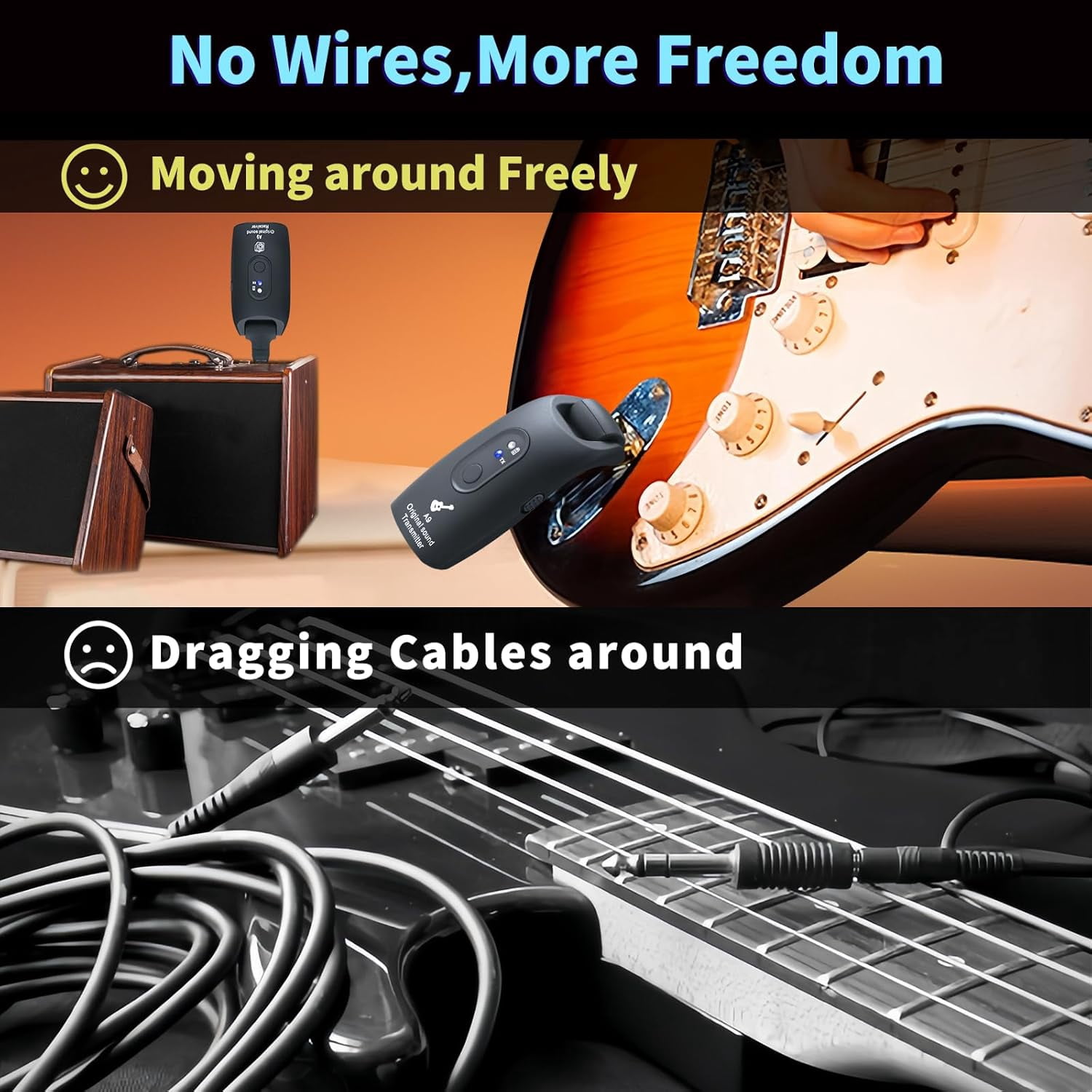 Wireless Guitar Transmitter Receiver, 2.4GHz Guitar Wireless System with 3 Channels, 100ft Range, 270°Rotatable, Rechargeable Audio Transmitter Receiver for Electric Guitar Bass Instruments, Black
