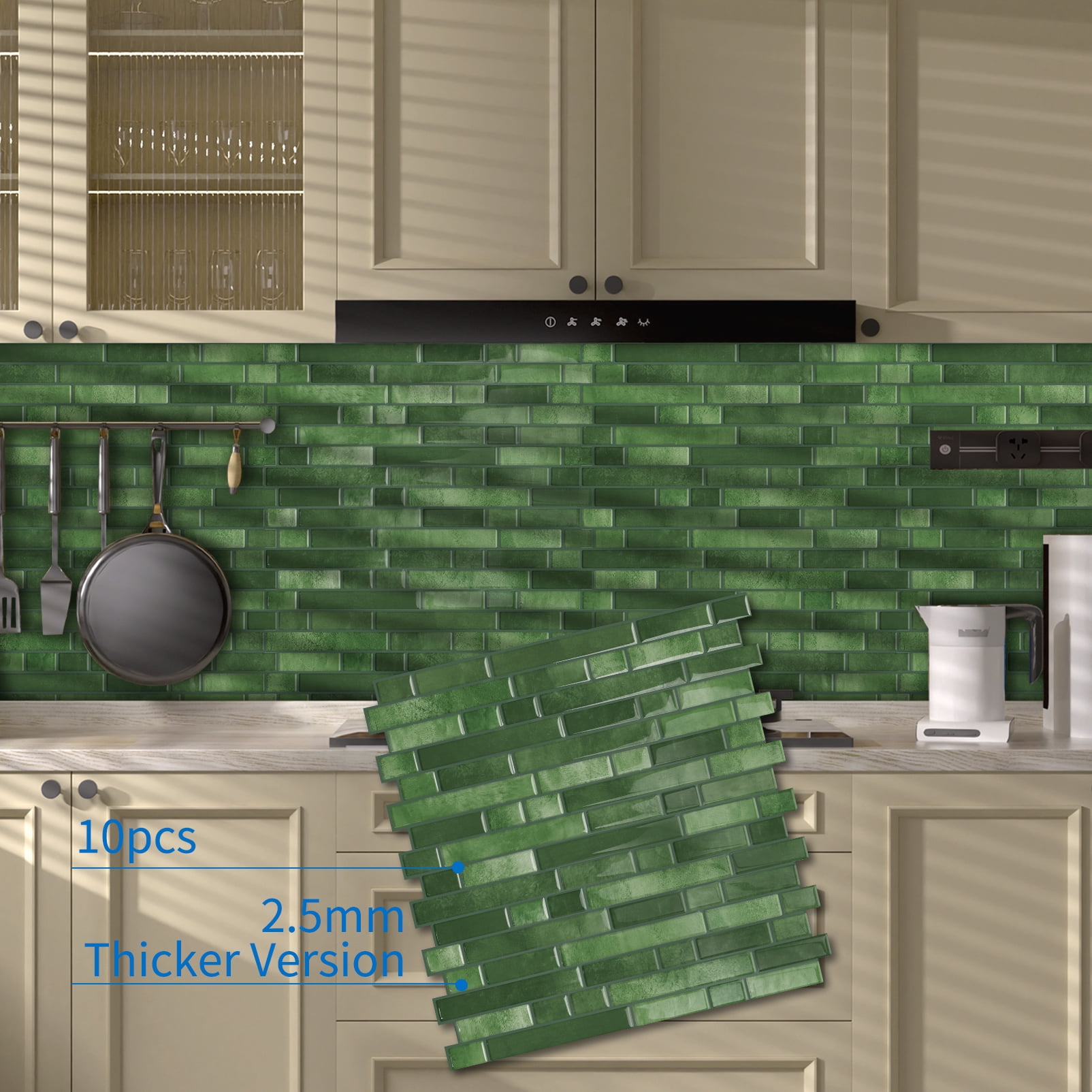 DEWOO Thick Kitchen Peel and Stick Tile Backsplash, Stick on Wall Tiles, 12"x12" Self Adhesive Sticky 3D Wall Marble Tiles Bathroom (10-Sheet，Green)