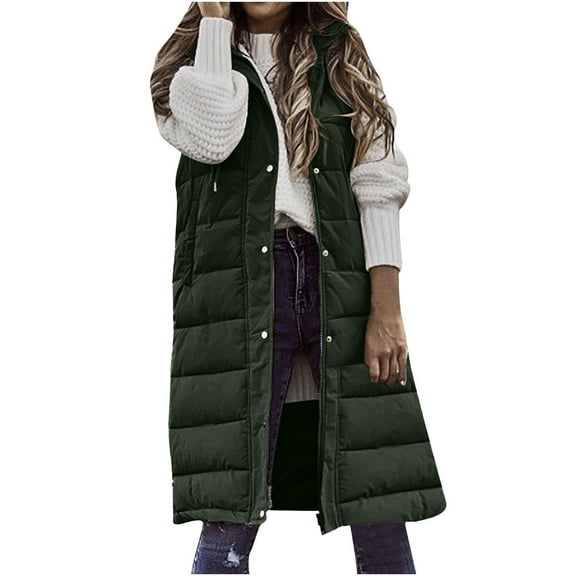 Lindreshi Puffer Vest Women Plus Size Women's Solid Color Hooded Single-Breasted Mid-length Padded Vest Sleeveless Pocket Jacket