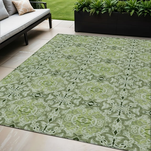 5' X 8' Artichoke Green And Fern Green Medallion Washable Indoor Outdoor Area Rug