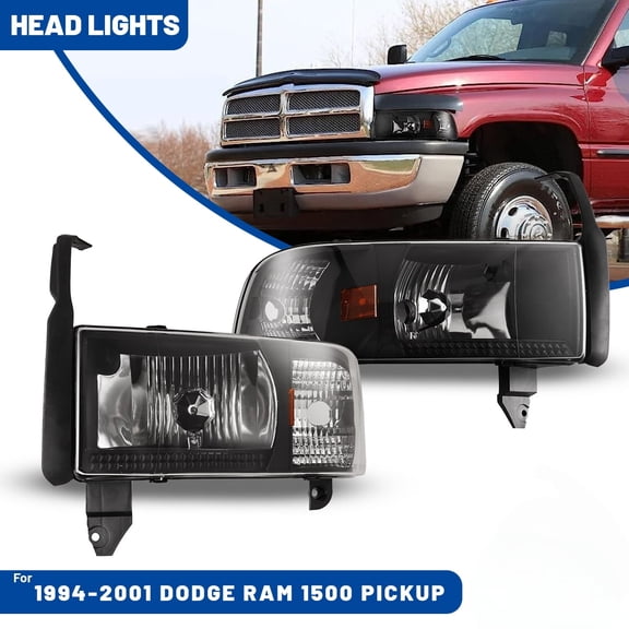 1 Pair Headlights Compatible with 1994-2001 Dodge Ram 1500,1994-2002 Dodge Ram 2500 3500,1995-2002 Dodge Ram 4000,Driver and Passenger Side,High Low Beam,Black Housing Clear Lens