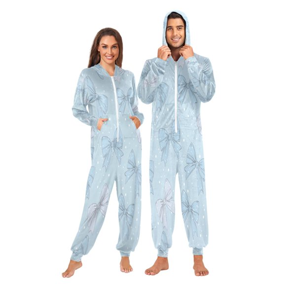 1 Piece Adult Onesie Pajamas Cozy & Loose-Fit Sleepsuit Loungewear with Pockets Pastel Blue Bows and Dots X-Small