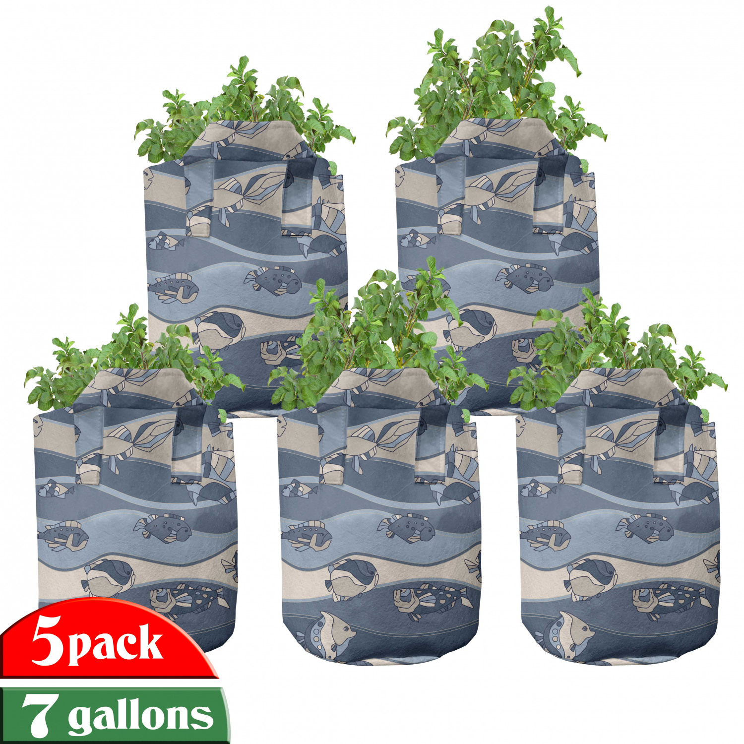 Fish Grow Bags 5Pack, Cartoon Aquarium, Heavyduty Fabric Pots with Handles for Plants, 2 Sizes