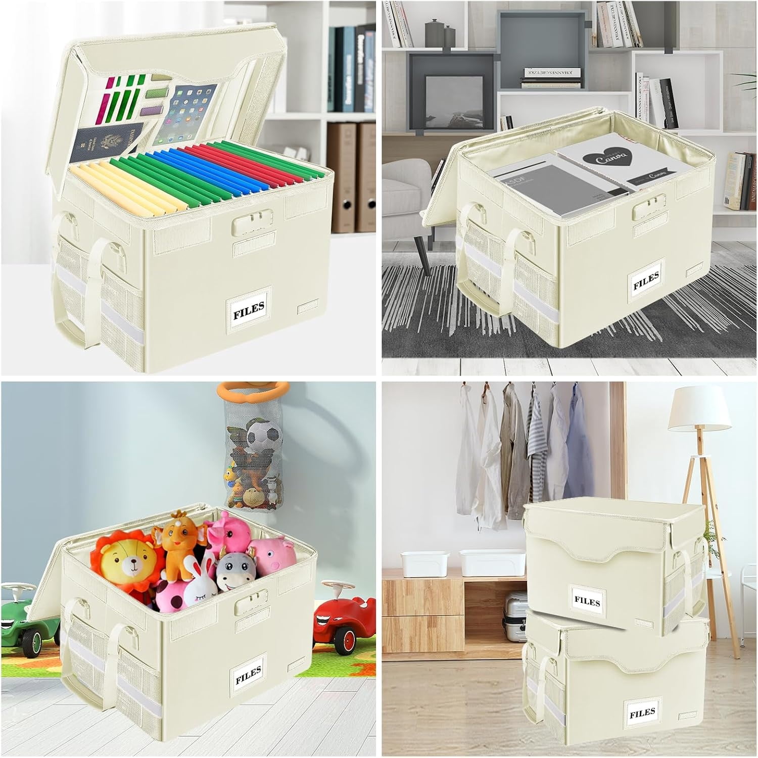Fireproof Document Box with Lock,File Storage Organizer with Zipper Pockets,Collapsible Portable File Box Home Office Safe Filing Cabinet with Handle for Hanging Letter/Legal Folders,Beige
