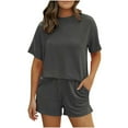 thumbnail image 3 of Feancey Lounge Short Sets for Women Ribbed Knit Sleepwear with Shorts Matching Set Cozy Soft Pjs Two Piece Solid Casual Homewear Outfits with Pockets Black L, 3 of 4