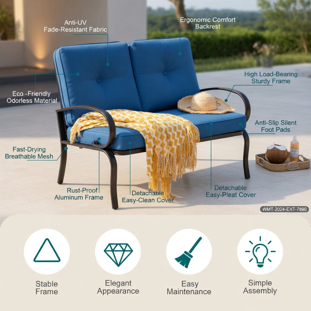 Hommoo 2-Piece Outdoor Patio Furniture Set, Cushioned Steel Loveseat & Coffee Table in Weather-Resistant, Easy-Clean Olefin Fabric, Navy