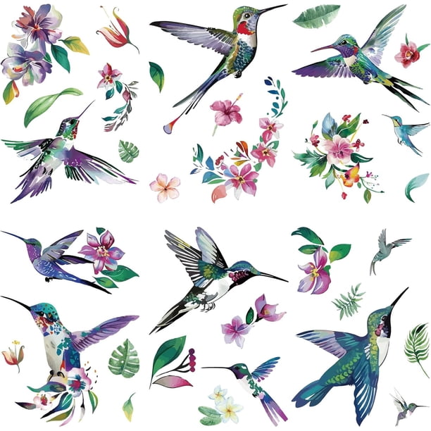 Pegatinas de colibrí para ventana, 8 estilos, autoadhesivas, de vinilo PVC, resistentes al agua, con diseño de pájaro, flor y hoja.