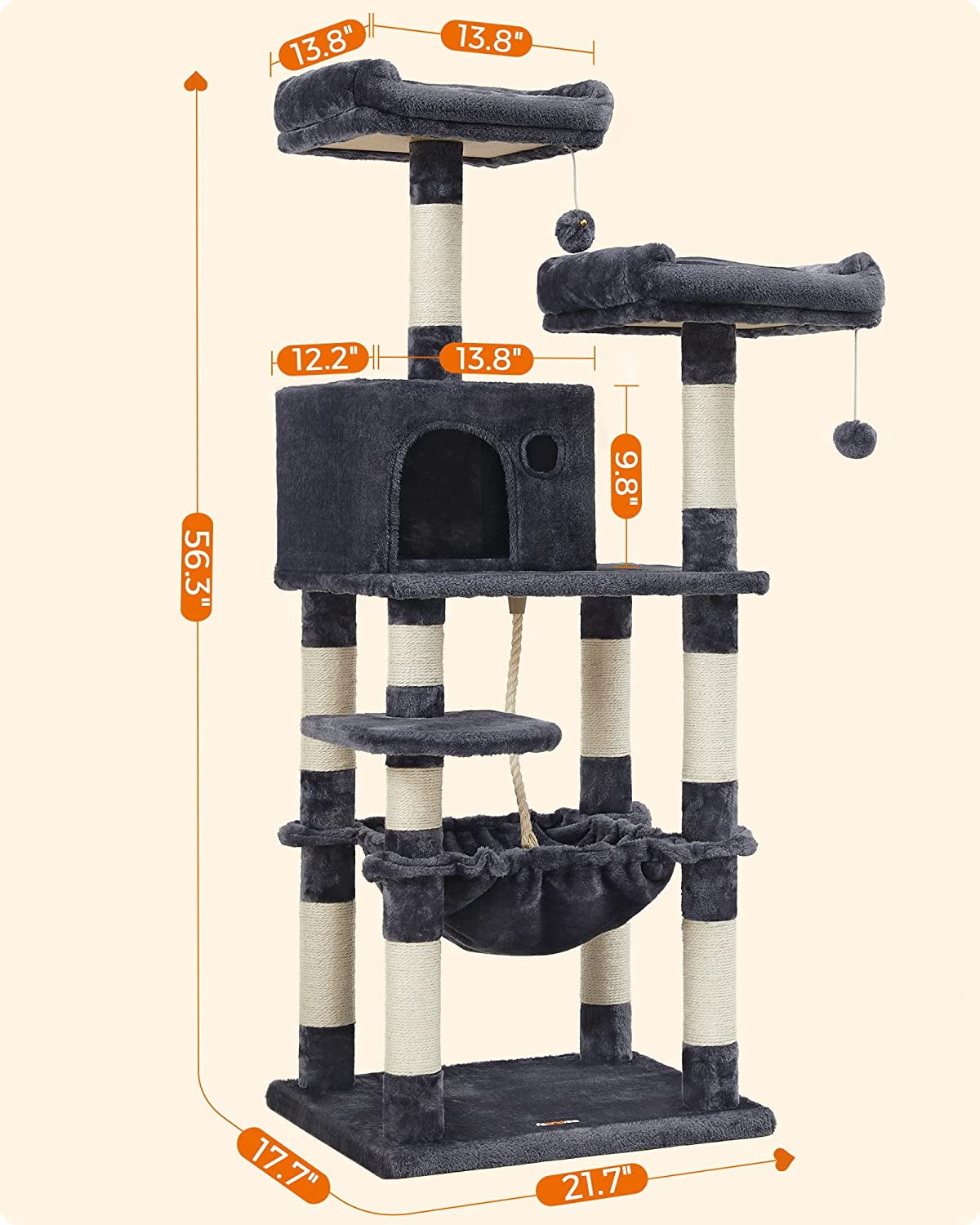 2-Level 56.3" Cat Tree with Scratching Posts & Hammock, Smoky Gray