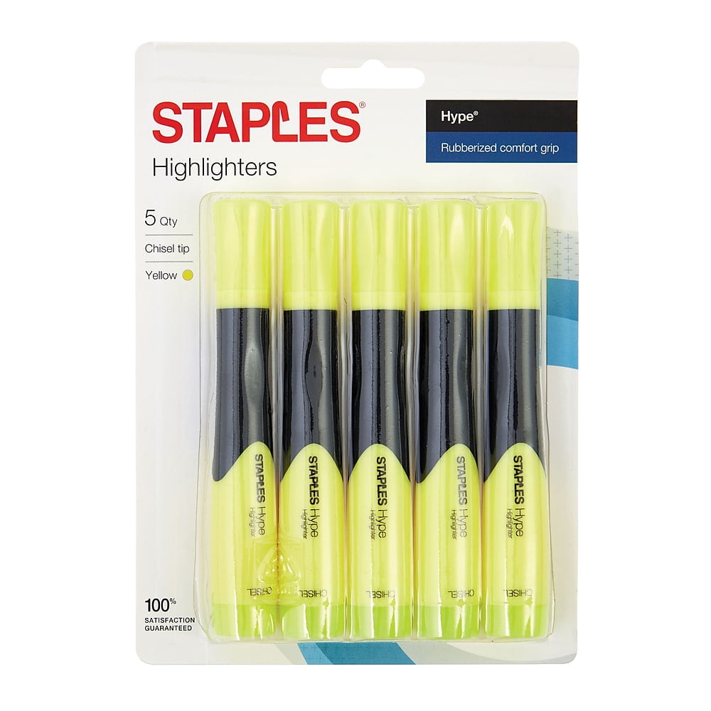 Staples Hype Gripped Tank Highlighters Chisel Yellow 5/Pk (29219