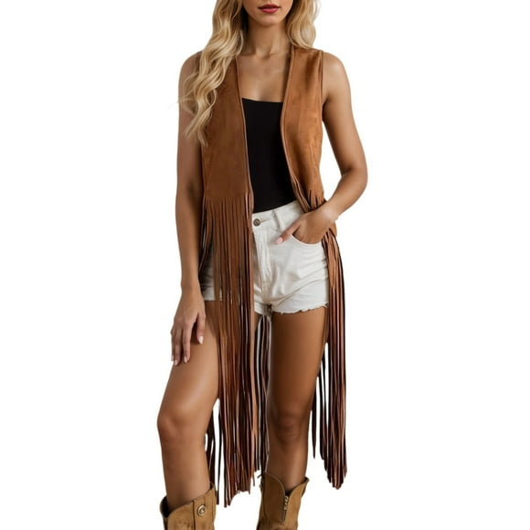 Fgnfyis Elegant Long Fringe Vest Cardigan for Women Soft Suede Like Fabric Open Front Mid Length Layering Piece Brown XL