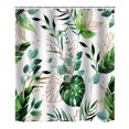 thumbnail image 1 of Juego de cortinas de ducha con hojas estilo bohemio de mediados de siglo: elegante diseño abstracto verde, acuarela tropical, decoración moderna para baño con ganchos, tela lavable, 1 of 5