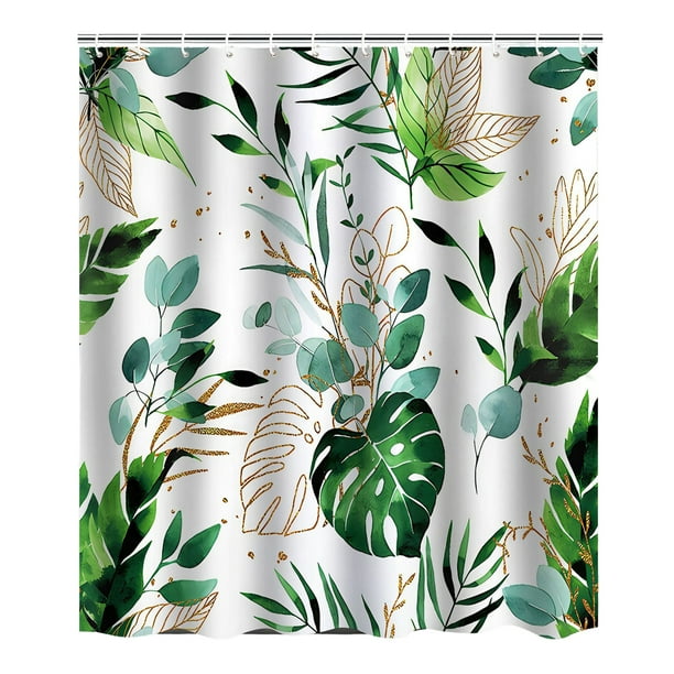 Juego de cortinas de ducha con hojas estilo bohemio de mediados de siglo: elegante diseño abstracto verde, acuarela tropical, decoración moderna para baño con ganchos, tela lavable