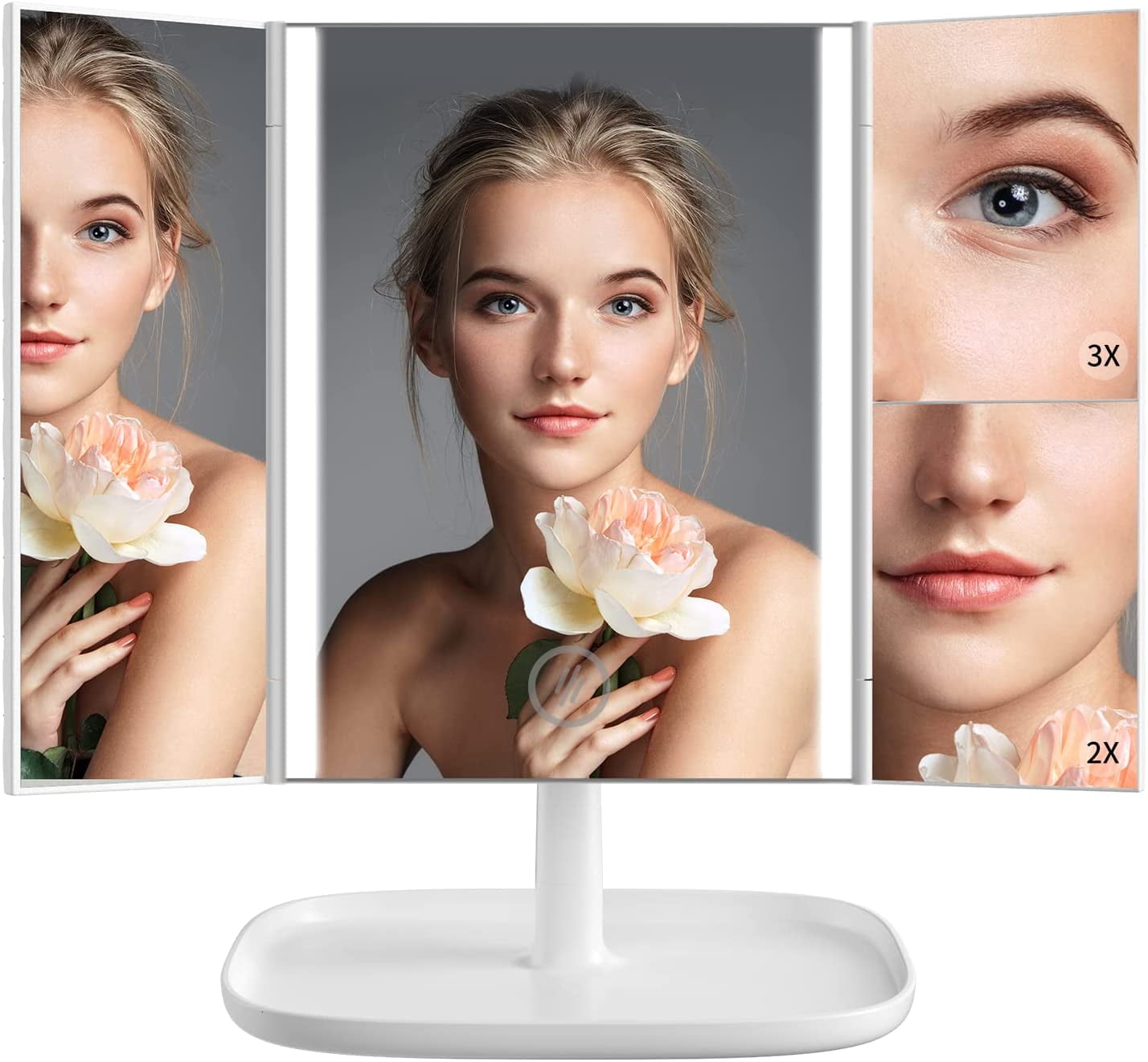 Juyafio Makeup Mirror Vanity Mirror with 52 LED Lights, 1x 2X 3X Magnification, Trifold Lighted Face Mirrors, Touch Control, with 360 Degree Adjustable Stand Portable, White