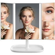 Juyafio Makeup Mirror Vanity Mirror with 52 LED Lights, 1x 2X 3X Magnification, Trifold Lighted Face Mirrors, Touch Control, with 360 Degree Adjustable Stand Portable, White
