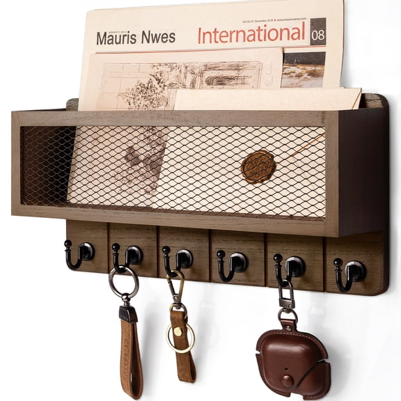 Rebee Vision Farmhouse Key Holder Wall Mount with Mail Basket – 6 Sturdy Hooks, Rustic Wooden Organizer for Home Decor ( Brown)