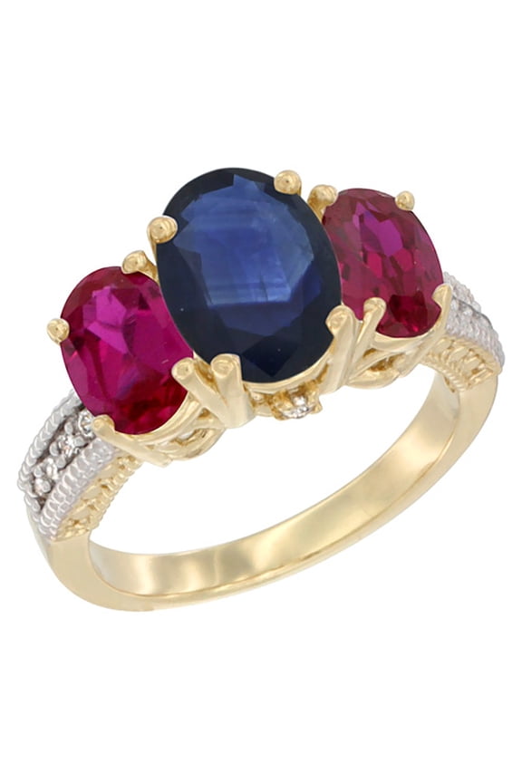 14K Yellow Gold Diamond Natural Quality Blue Sapphire 3-stone Mothers Ring Oval 8x6mm with Ruby, size 9.5