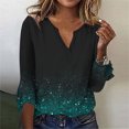 thumbnail image 2 of LEAVINGSUO Long Sleeve Shirts for Women, Fall Womens Tops Women's Casual Trumpet 3/4 Sleeve Printed Buttoned Basic Ruched Tops Pleated T-Shirts Blouses, 2 of 5