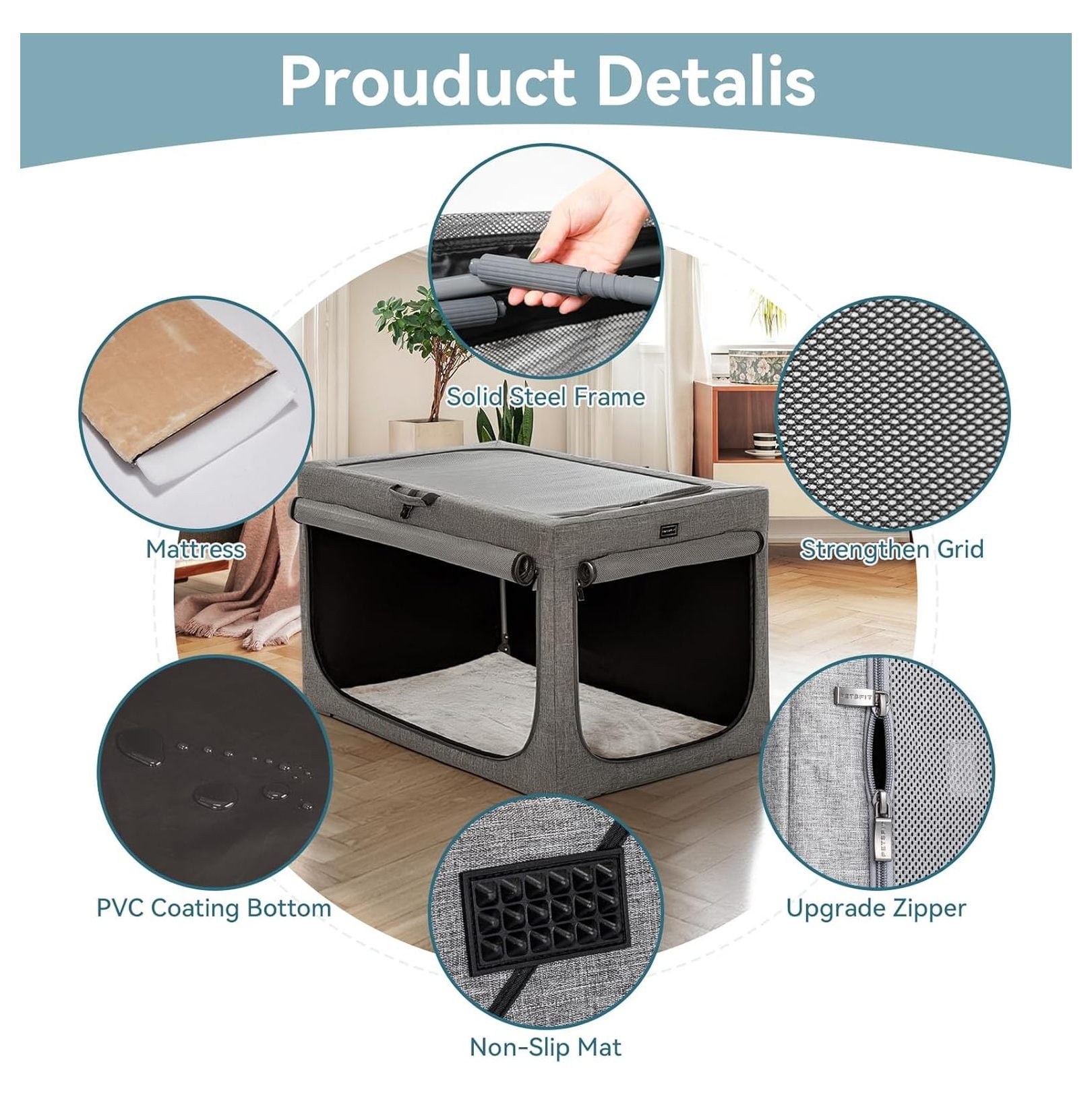 30" Indoor Soft Dog Crate – Patented Adjustable Sturdy Frame, Collapsible Portable Kennel for Home Use, Car & Travel, Medium Dogs, 3 Lockable Mesh Door, Thicken Mat, Grey