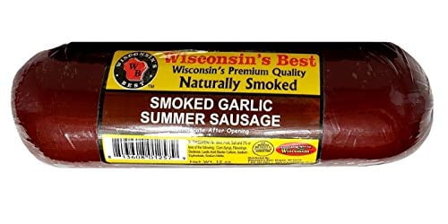 Wisconsin's Best Smoked Garlic Summer Sausage Shelf Stable, 12 oz, 1 ct, Low in Carbs, Low in Sugars, Keto Friendly, High Protein Snack, Perfect with Crackers