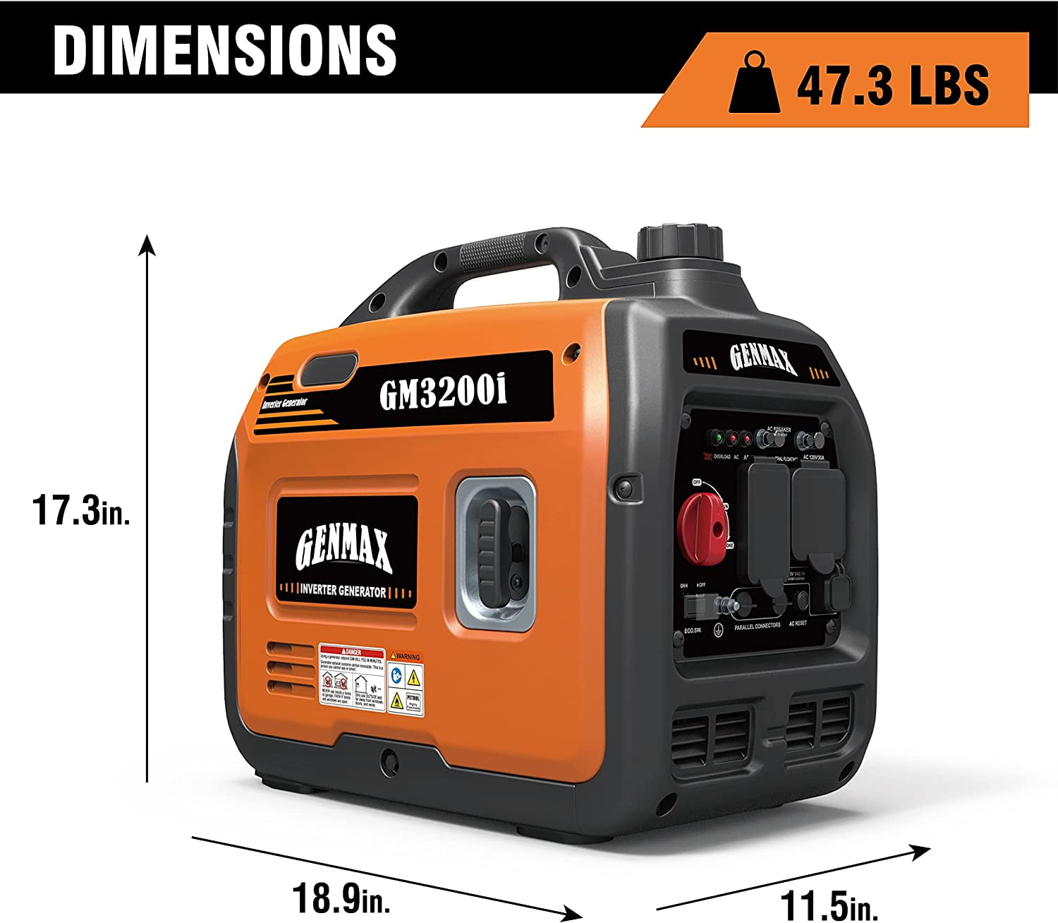 GENMAX Portable Inverter Generator,3200W ultra-quiet gas engine & RV Ready, EPA Compliant, Eco-Mode Feature, Ultra Lightweight for Backup Home Use & Camping (GM-3200i)