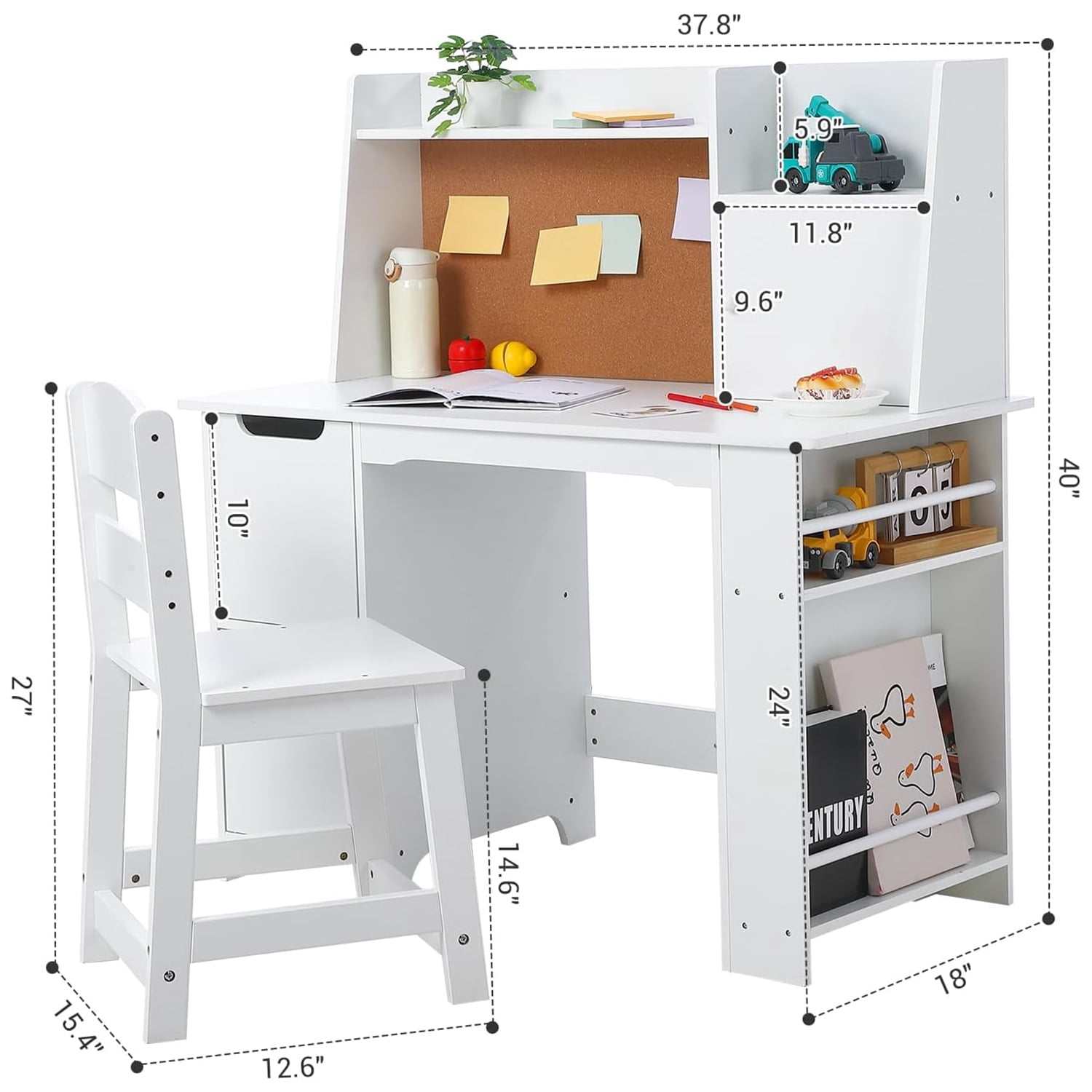 Roromall Kids Study Desk and Chair Set with Storage Learning Table with Bookshelf and Cabinets for Boys and Girls Ages 3-8, White