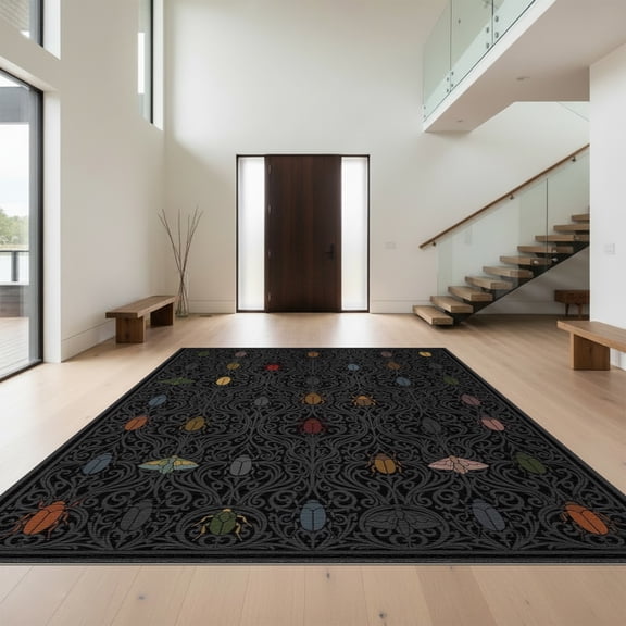 Design&I 8'x10' Washable Area Rug Extra Large Skid-Resistant Low Profile Insect With Ornate Victorian Scrollwork Border Accents Gothic Flowing Dynamic for Living Room, Family