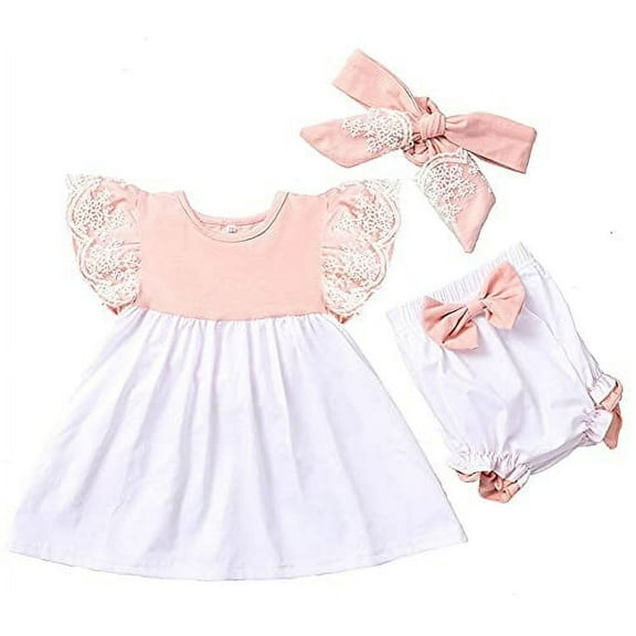 Styles I Love Baby Toddler Girls Elegant Embroidered Lace Flutter Short Sleeve Dress, Bloomers and Headband 3pcs Outfit (24 Months) Pink