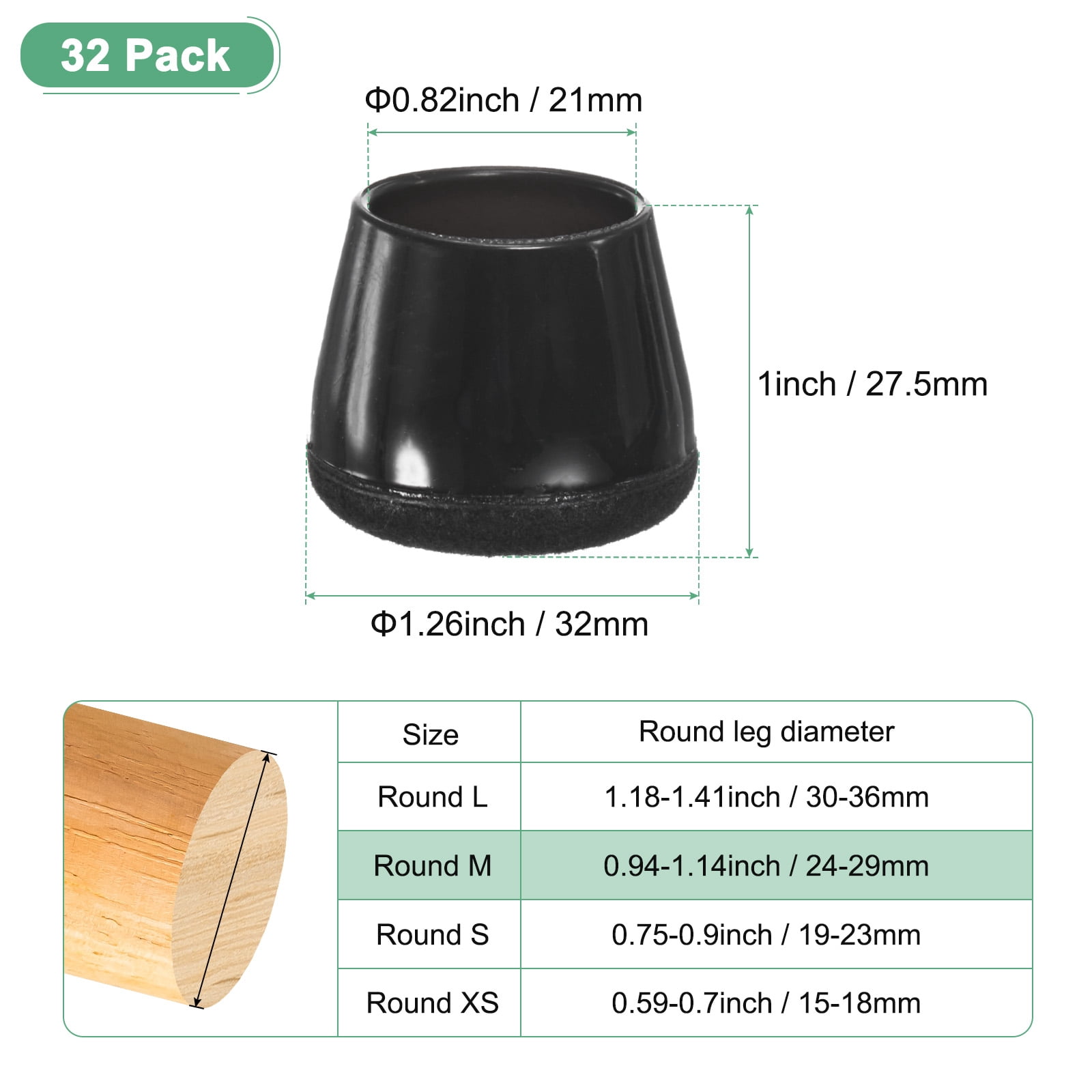 Uxcell 32-Pack Chair Leg Floor Protectors, 0.94-1.14 Inch Silicone Cups Round Felt Furniture Pads Chair Leg Covers Socks [Black]