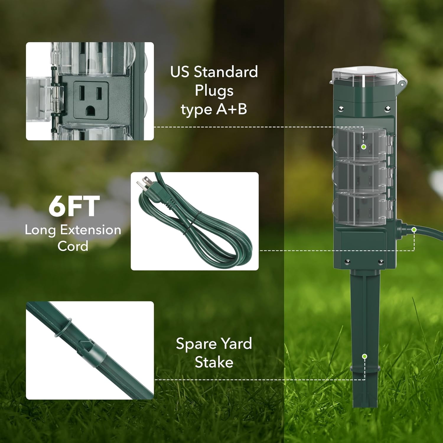 HBN Outdoor Power Strip Yard Stake with 6ft Extension Cord,Outside Multiple Plug Outlet with 6 Grounded Outlets,Weatherproof Extension Cord for Christmas Lights, Outdoor Lights,ETL Listed