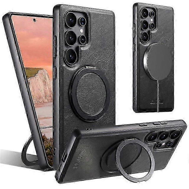 Funda para Samsung Galaxy S25 Ultra compatible con MagSafe, con textura cerosa, soporte giratorio y cubierta trasera de cuero.
