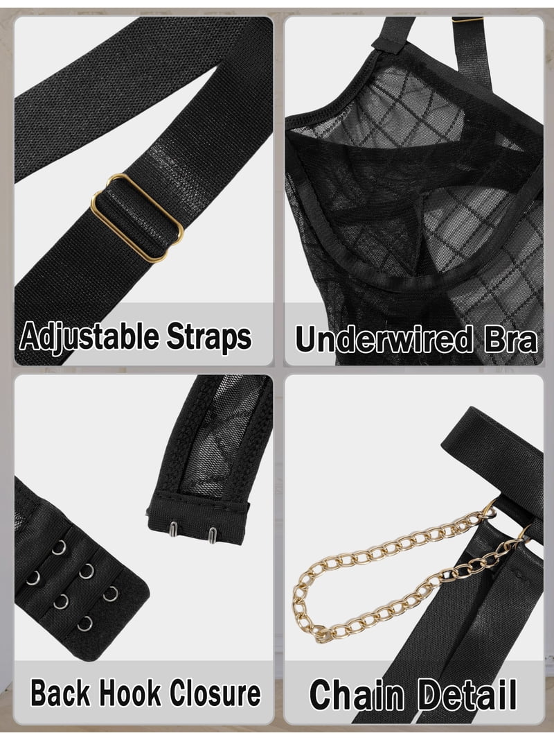 Ausing Women One Piece Lingerie Mesh Teddy Bodysuit Garter Belt Plus Size  See Through Mini Babydoll Adjustable Underwear Black S