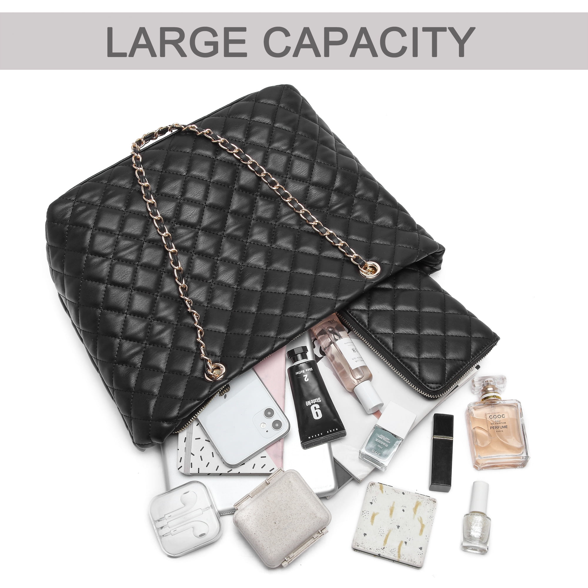 Poppy Women's Classic Quilted Shoulder Bag & Wallet Set Vagan Leather Metal  Chain Strap Tote Handbag Purse 2Pcs-Black 