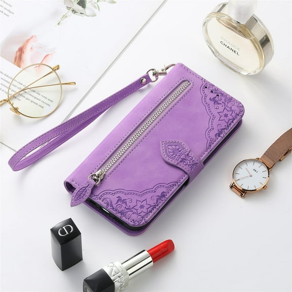 Compatible For Samsung Galaxy S22 Ultra 360 Protection Case,Luxury Flower Pattern Embossed PU Leather Case with Wrist Strap,Zipper Card Flip Wallet Stand Cover.For Samsung Galaxy S22 Ultra,Purple