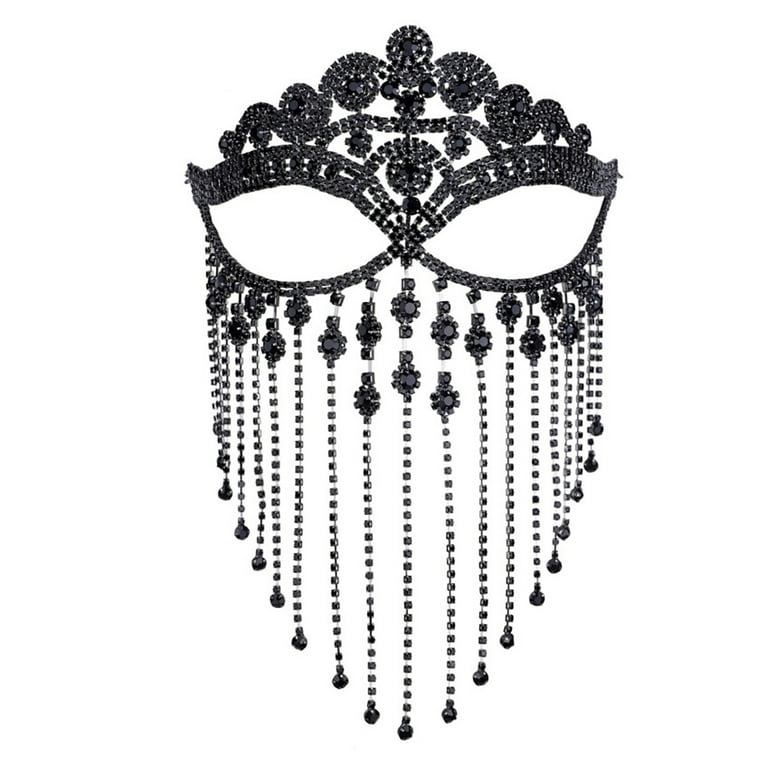 AHANDMAKER Fringe Masquerade Mask for Women, Rhinestone Tassel Face Mask Face Veil Mask Chain for Mardi Gras Halloween Party Iron
