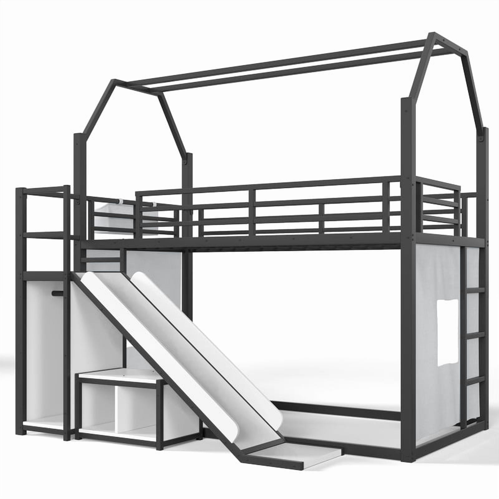Twin Size House Bunk Bed with Slide, LED Lights, Clothes Rack, Storage Bags & Shelves, Metal Kids Bunk Bed with Guardrails, Playhouse Design, No Box Spring Needed