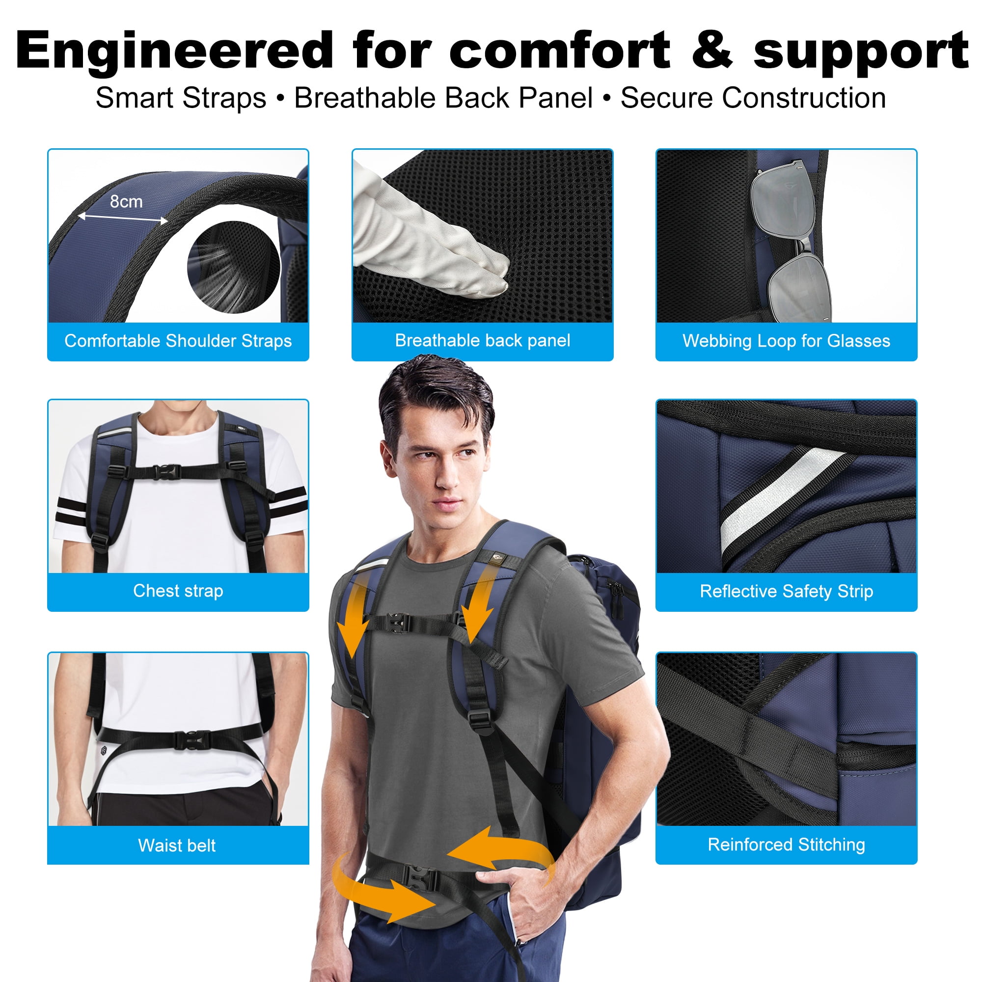 Men's Travel Backpack, Large Capacity Hiking Trekking Backpack, Business 17 Inch Laptop Backpack, Blue