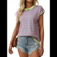 thumbnail image 2 of Camisetas de Mujer Elegantes, Informales, de Corta, con Bloques de Color, A Rayas y Cuello Redondo, Color Verde XL, 2 of 10