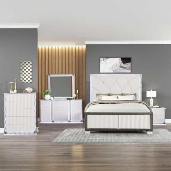 Fabio Modern Style LED Queen 5PC Bedroom Set Made With Wood in White