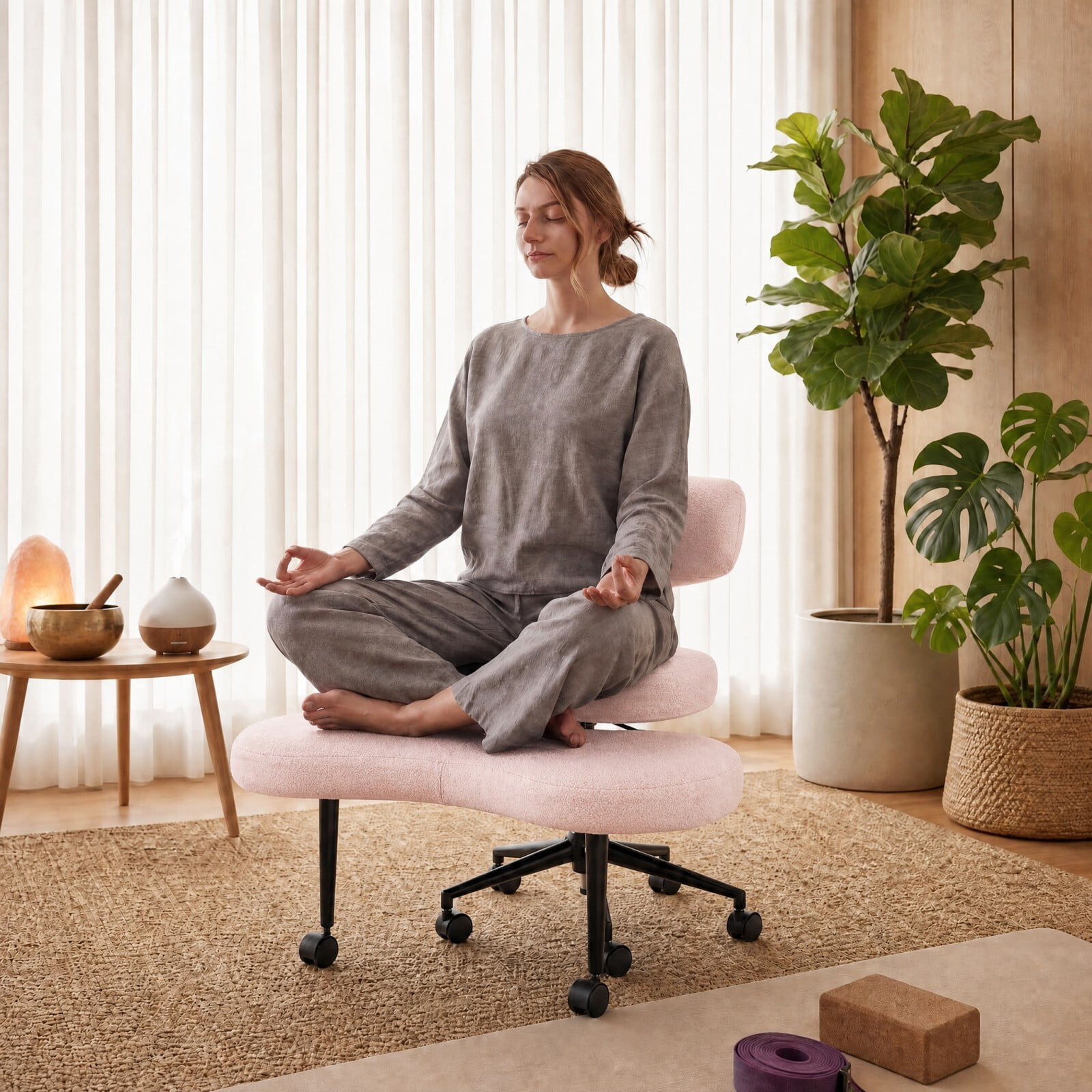 Kelno Cross Legged Meditation Chair with 360° Swivel Footrest Adjustable Backrest Ergonomic Teddy Fleece Office Chair, Pink