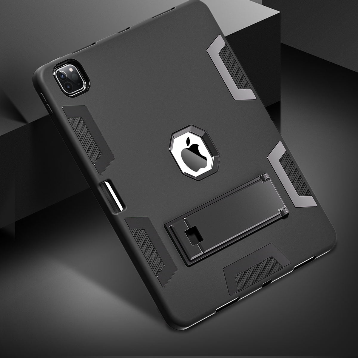 For iPad Pro 12.9 Inch 6th Generation(2022) Case Rugged Kickstand Pencil Storage Heavy Duty Protective Cover (Black)