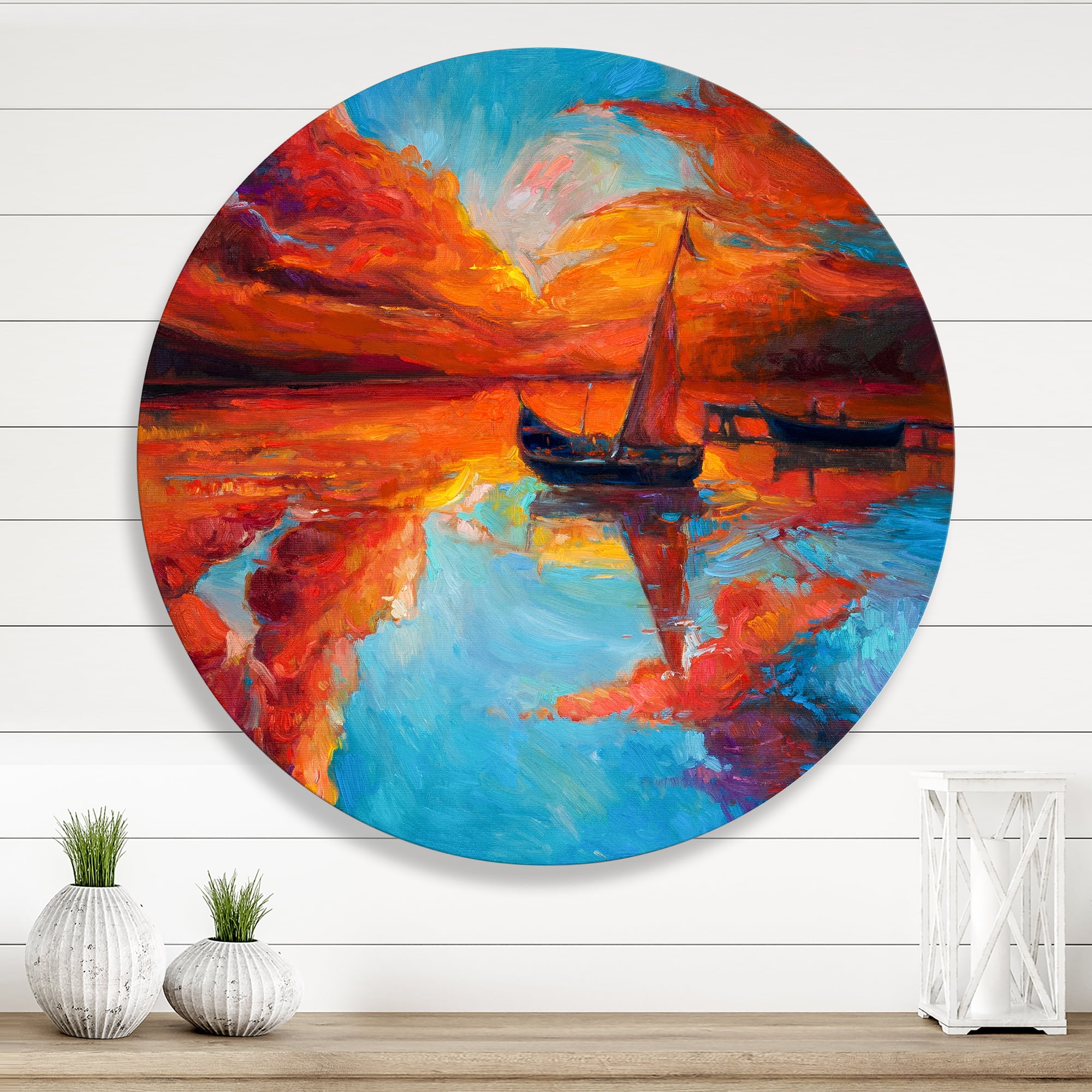Little Boat During Warm Deep Red Evening Glow 11 in x 11 in Painting Art Prints, by Designart
