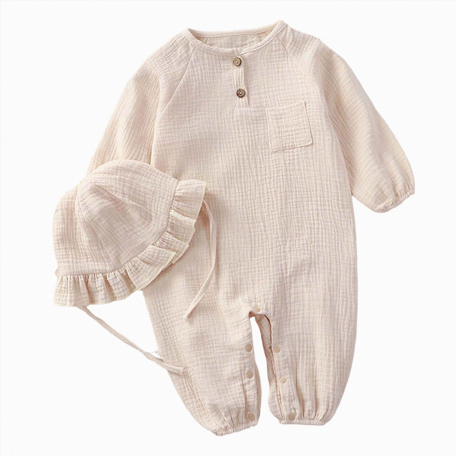 HCNTES Onesies Baby Boy Infant Linen Long Sleeve Rompers Button Down Clothes With Ruffled Bonnet Hat Sleepwear